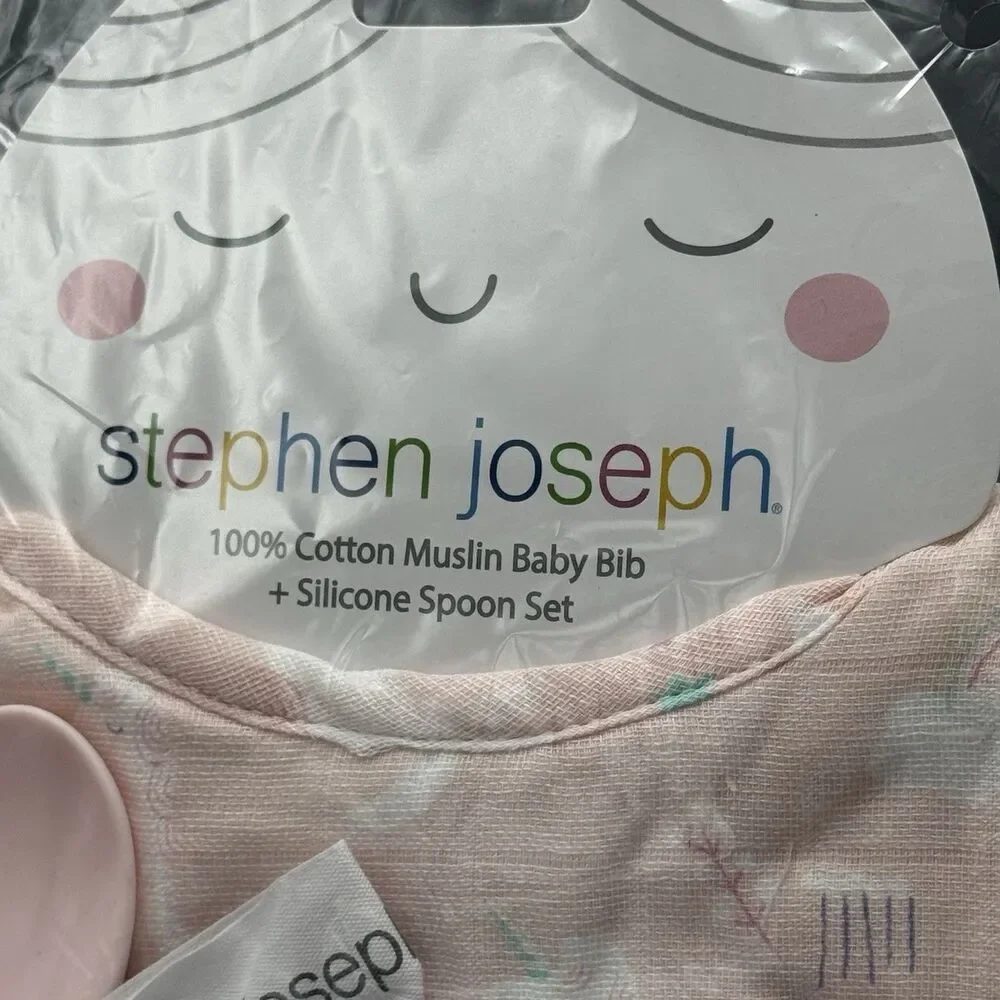 Steven Joseph 2 Muslin Bibs and Silicone Spoon Unicorn Rainbows New